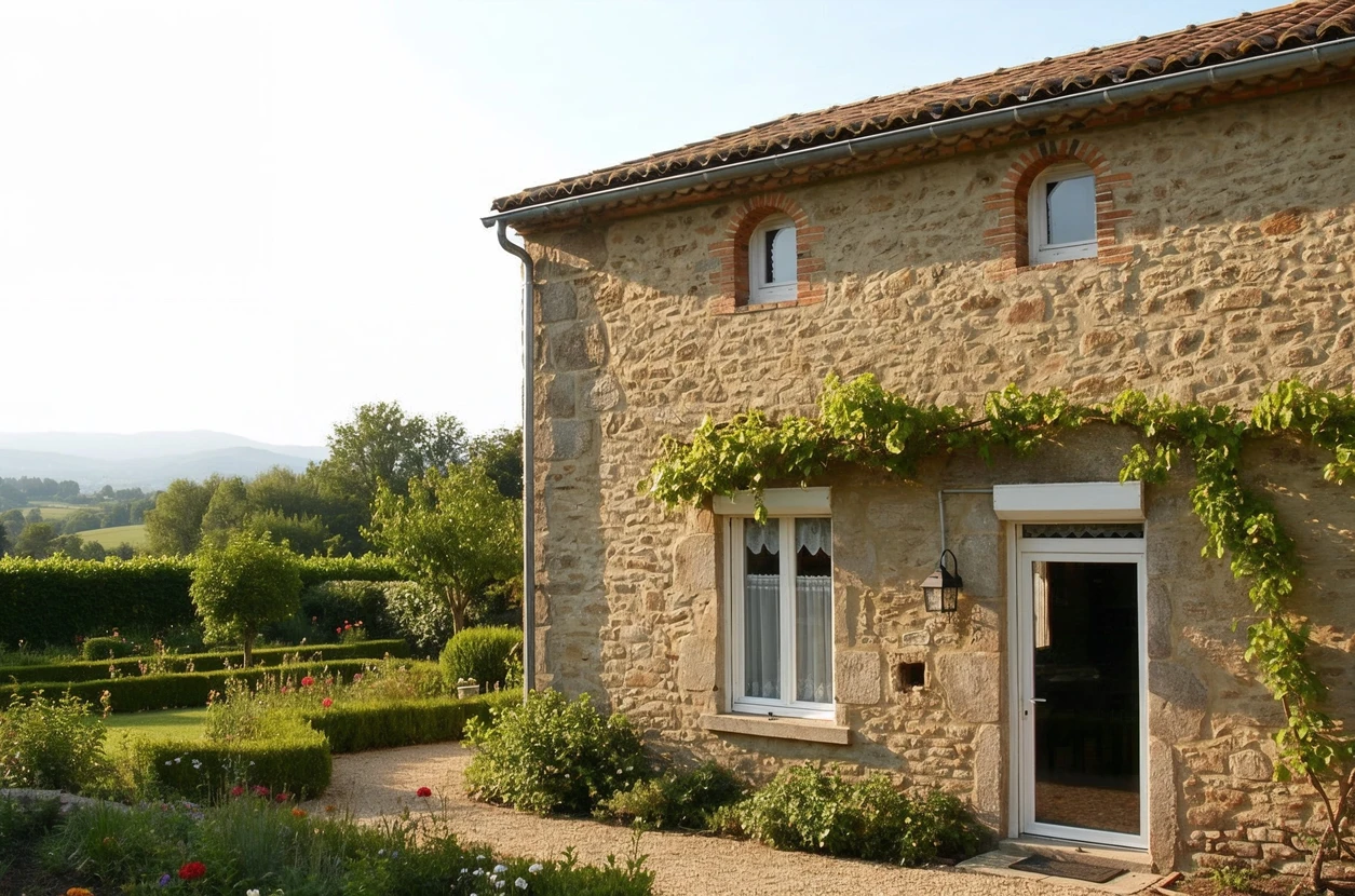 Escalier extérieur moderne avec rampe en verre et structure métallique noire, menant à une entrée surélevée